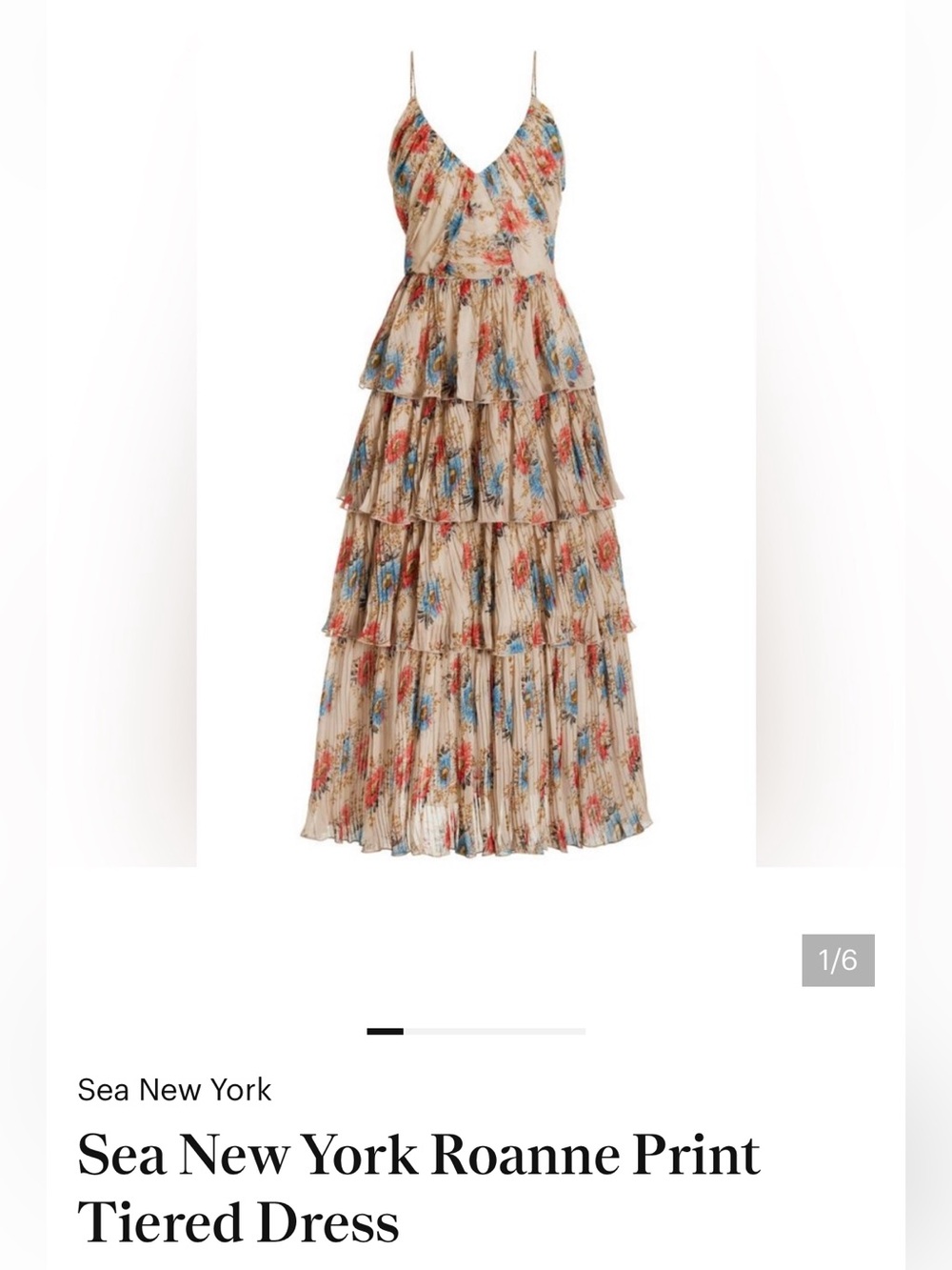 Sea New York Beige Tiered Floral Maxi Dress with Blue & Red Blooms. Size 4